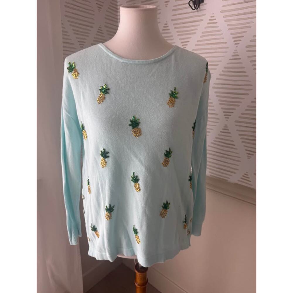 Lilly Pulitzer XS Caralynn Long Sleeve Sweater whisper blue sequin pineapple - Picture 3 of 8
